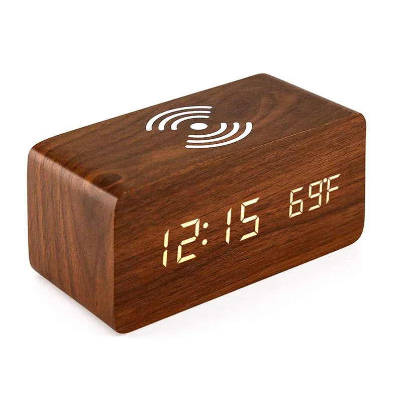 EcoHorloge – Horloge LED en bois avec affichage de la température et chargement sans fil - Rynova