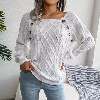 Chaleur Douce - Pull tricoté à col carré et boutons en torsion - Rynova