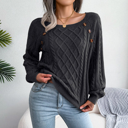 Chaleur Douce - Pull tricoté à col carré et boutons en torsion - Rynova
