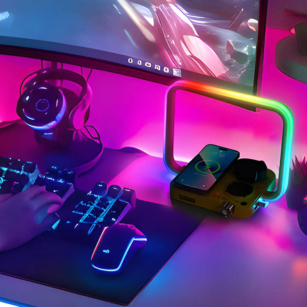LumiCharge - Lampe de Bureau RGB Chargeur Sans Fil 3-en-1 - Rynova