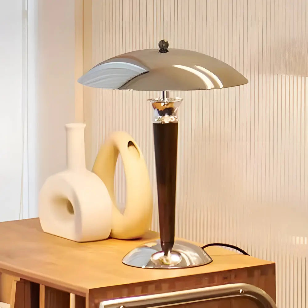 LumiVintage - Lampe de Table en Fer Chromé avec Abat-jour Champignon et Variateur en Bois 3 Positions - Rynova