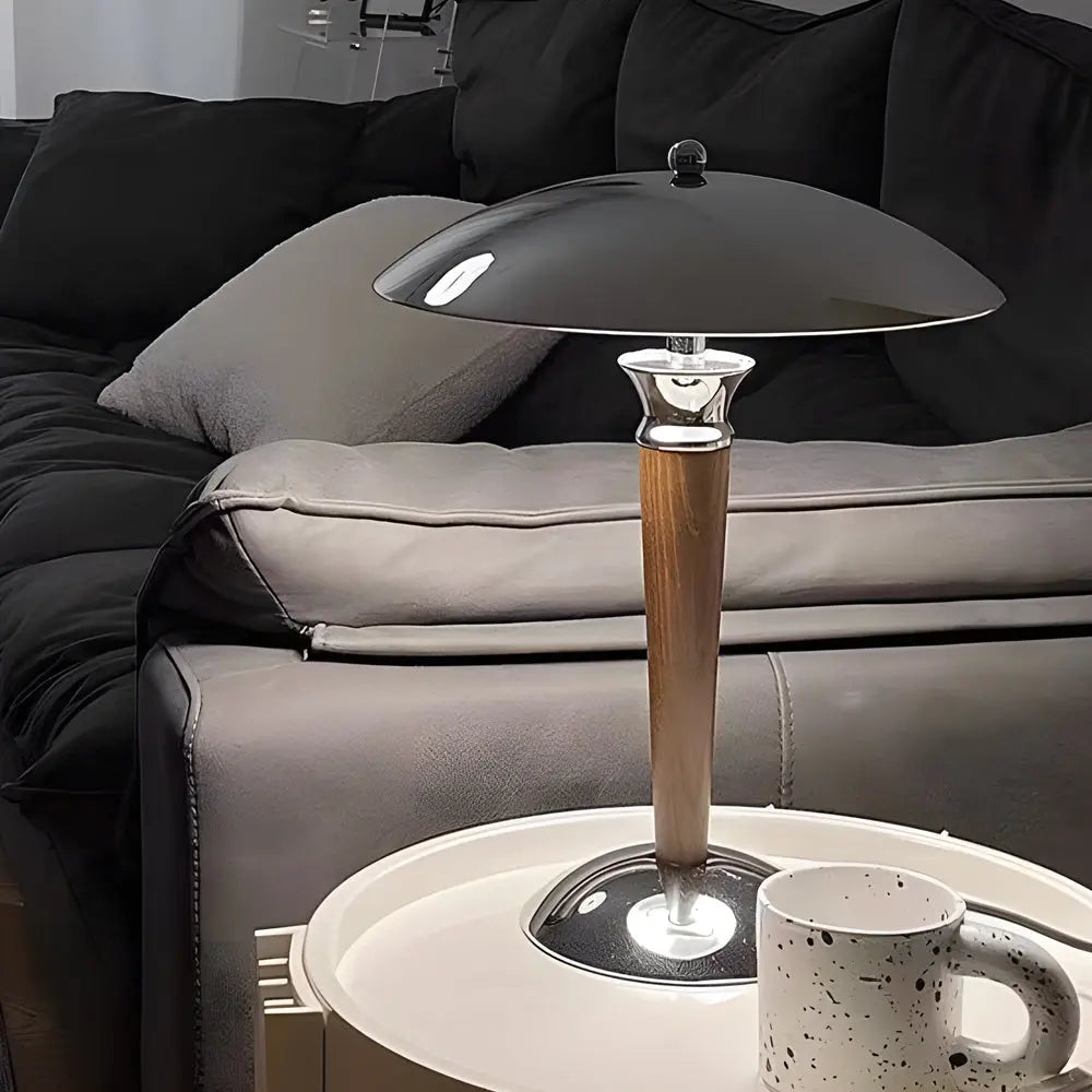 LumiVintage - Lampe de Table en Fer Chromé avec Abat-jour Champignon et Variateur en Bois 3 Positions - Rynova
