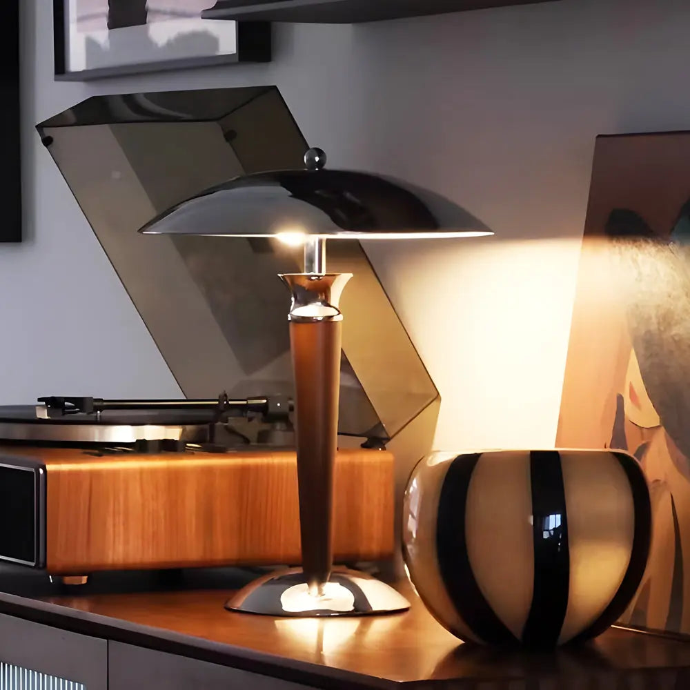 LumiVintage - Lampe de Table en Fer Chromé avec Abat-jour Champignon et Variateur en Bois 3 Positions - Rynova
