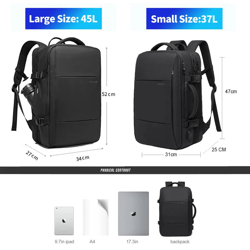 Sac à Dos de Voyage BANGE Pro – Grand Sac Étanche avec Port USB, Extensible, Capacité 17.3 pouces, Sac à Dos d’Affaires pour Homme - Rynova