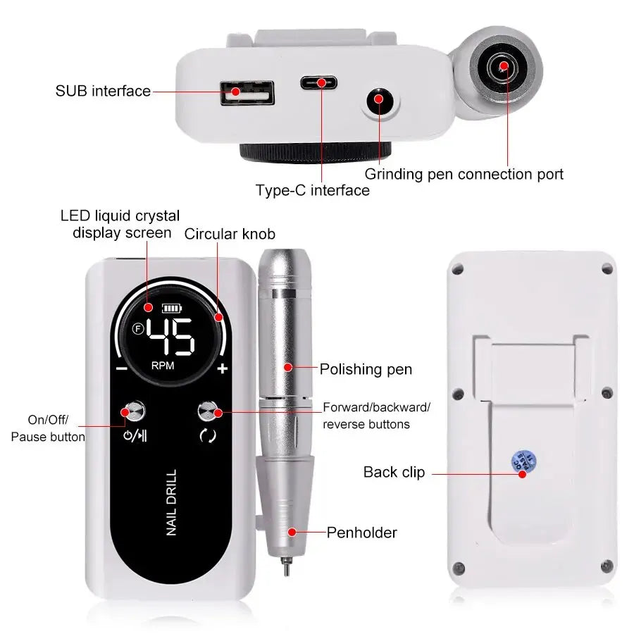 Machine Professionnelle à Ponceuse Ongles Rechargeable 45000RPM - Faible Bruit | Outil Manucure Salon - Rynova