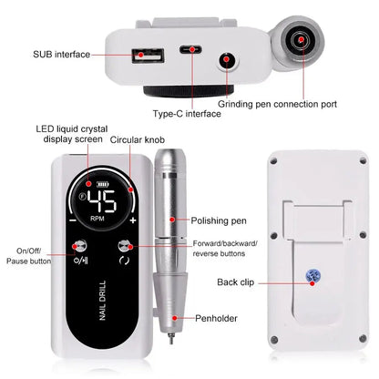 Machine Professionnelle à Ponceuse Ongles Rechargeable 45000RPM - Faible Bruit | Outil Manucure Salon - Rynova