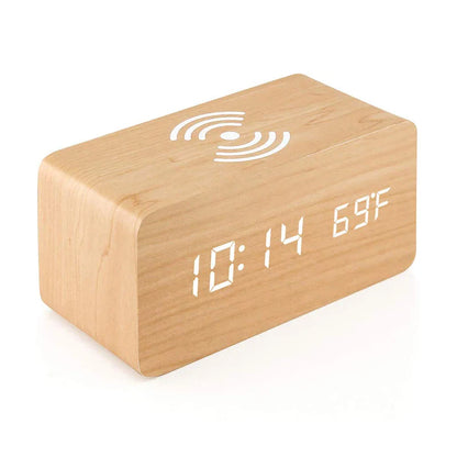 EcoHorloge – Horloge LED en bois avec affichage de la température et chargement sans fil - Rynova