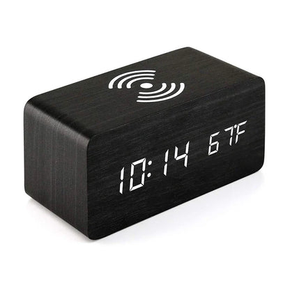 EcoHorloge – Horloge LED en bois avec affichage de la température et chargement sans fil - Rynova