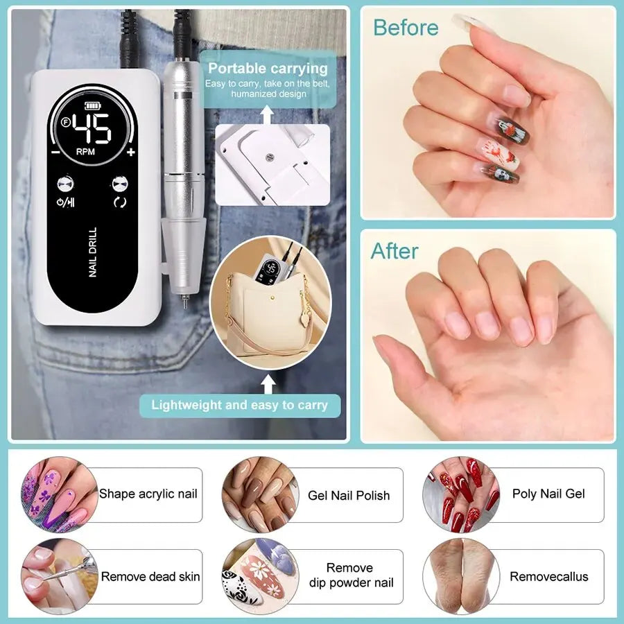 Machine Professionnelle à Ponceuse Ongles Rechargeable 45000RPM - Faible Bruit | Outil Manucure Salon - Rynova