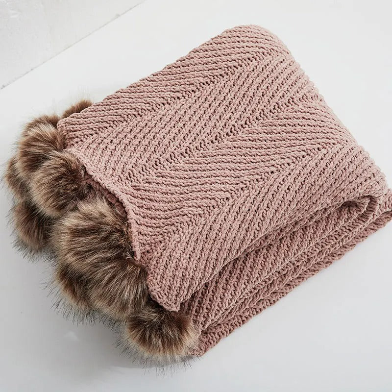 CosyPom - Plaid Chunky Tricot Chenille avec Pompons Mignons - Rynova